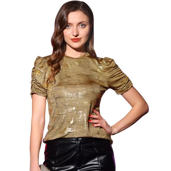 Glitter T-Shirt Party Round Neck Puff Sleeve Stretch Shiny Top Gold - Picture 1 of 5